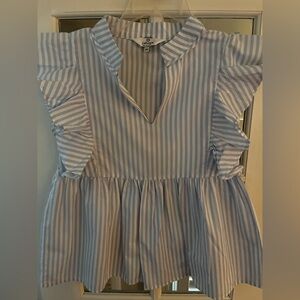 LA ROUGE Women's Blue & White Striped Ruffle Peplum Blouse